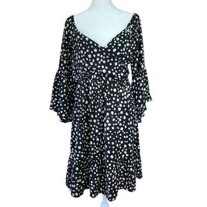 Umgee Dalmation Print Flounce Sleeve Sweetheart Mini Dress Black Beige (Size L)